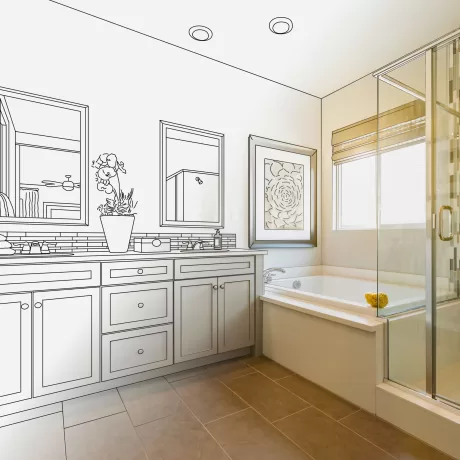 Architecture and Interior Design Kochi: A modern bathroom design concept featuring double vanities, a freestanding bathtub, and a glass shower enclosure. The image includes architectural blueprints overlaid on the design.