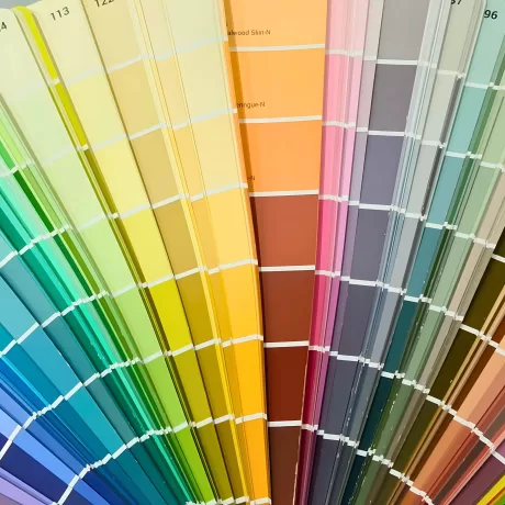 A color palette fan showing various shades of green, yellow, orange, pink, purple, and gray.