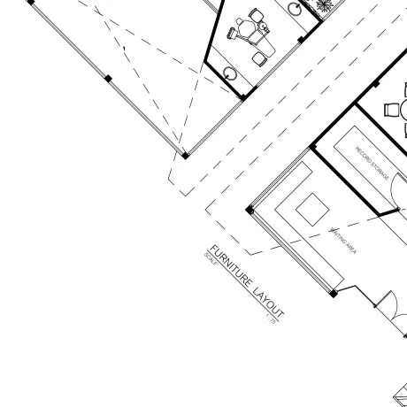 A detailed floor plan of a dental clinic, showing the layout of the waiting area, record storage, and treatment room.